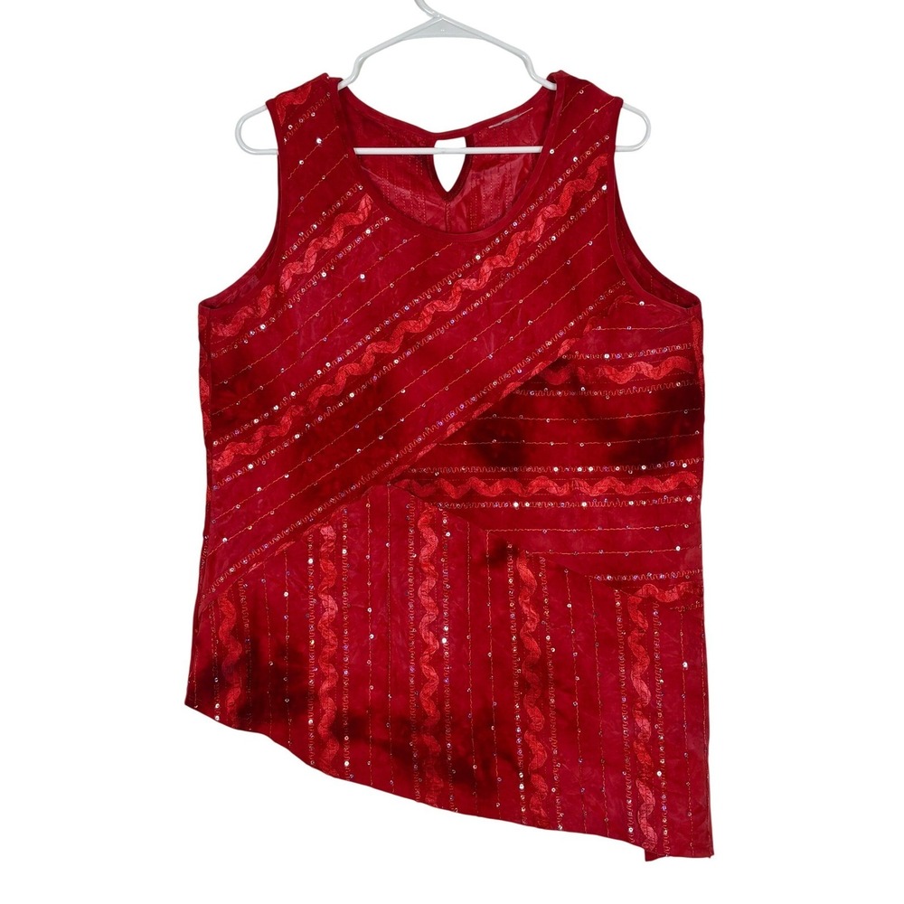 Asymmetrical Sequin Tank Top Red Y2K Party Glam Embellished Festival Retro XL